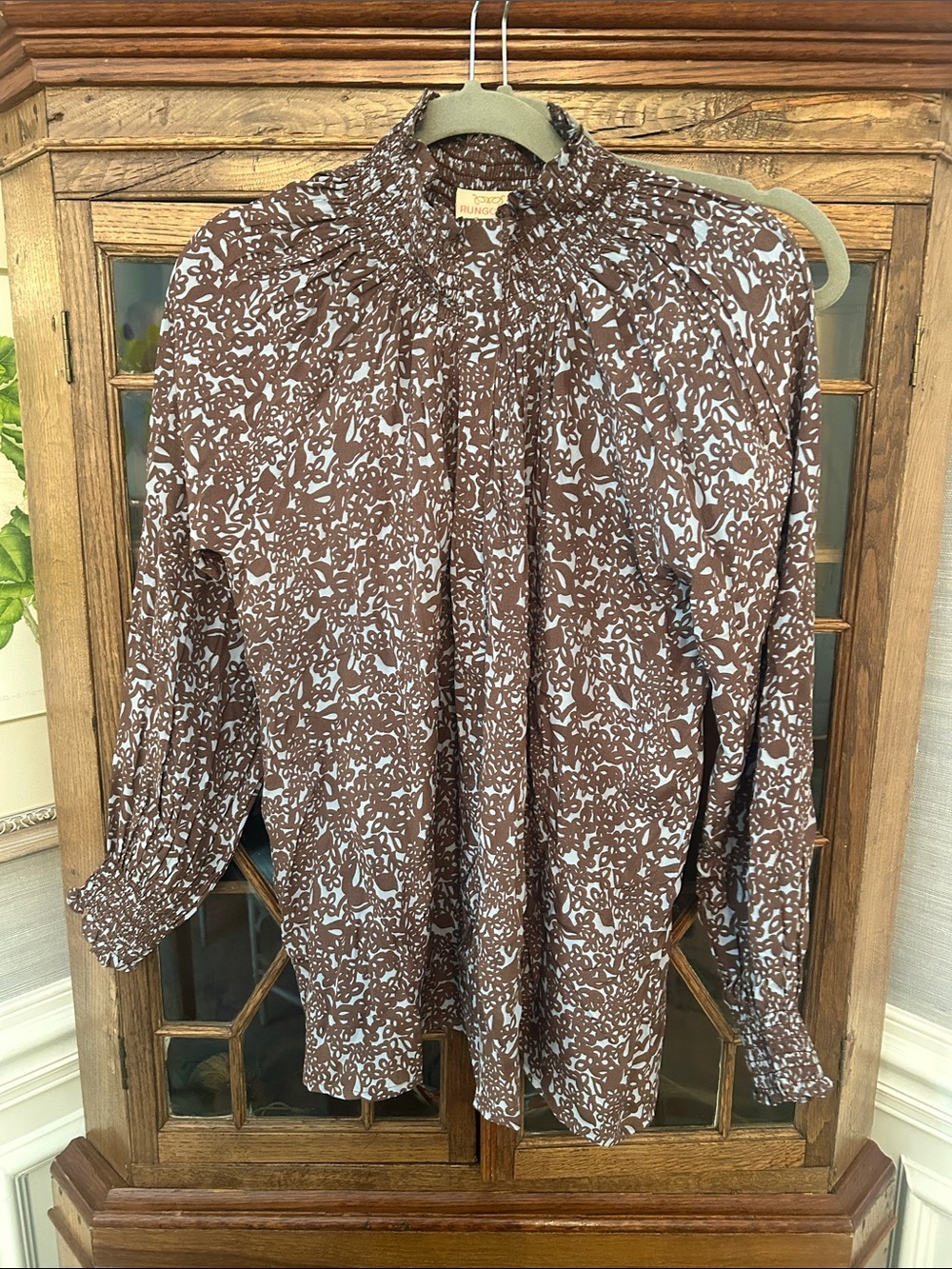 Rungolee Brown & White Printed Smocked Neck silk Blouse